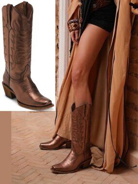 Tanner Mark Bronze Metallic Leather Snip Toe Western Cowboy Boots